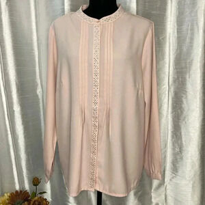 Fair Lady Women’s 14 Light Pink Embellished Pleated Button Up Long Sleeve Blouse